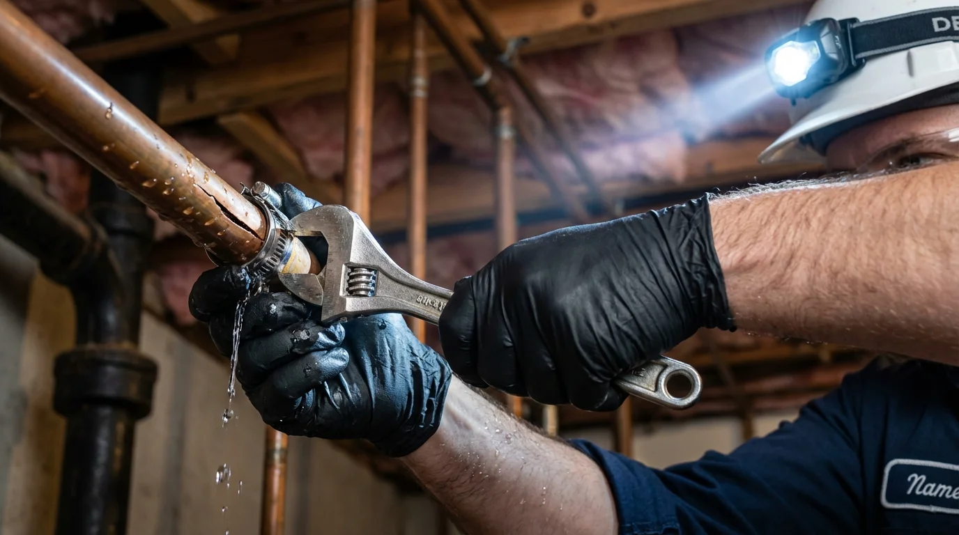 Emergency pipe clamp repair being performed by a Johns Plumbing LLC plumber in Olive Branch