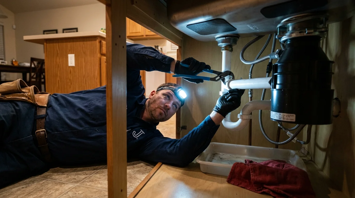 P-trap and supply line connections under a kitchen sink showing a common leak point in Olive Branch, MS